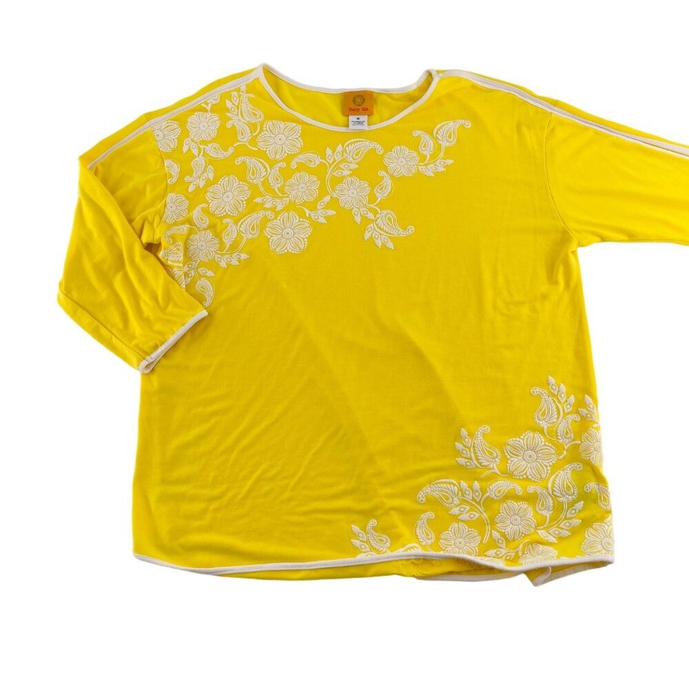 Ruby Rd. Yellow Floral 3/4 Sleeve Womens Top‎ M Polyester/Rayon/Spandex
